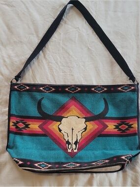 Teal Southwestern Tote Shoulder Bag with Bull Skull Accent